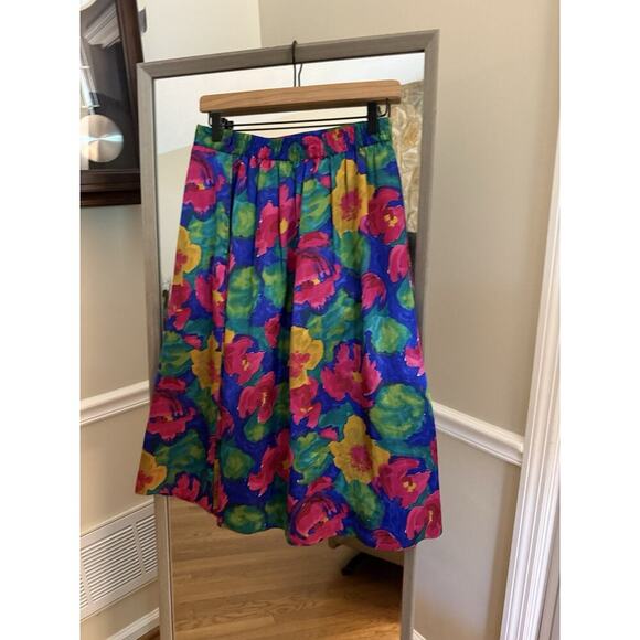 Russ Vintage 80s Floral Skirt High Waist Midi Pleated Bold Bright Print Size 12 - Picture 4 of 4